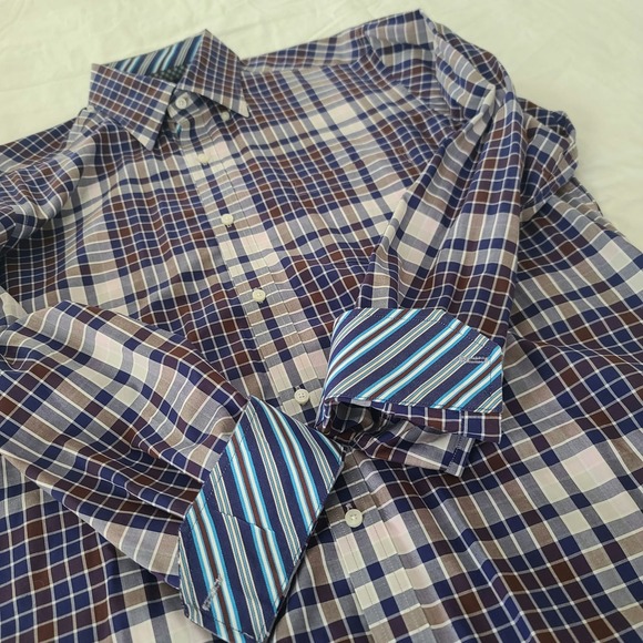Tailorbyrd Collection Dress Shirt Large Blue Brown Plaid Mens Career Long Sleeve - Picture 13 of 15